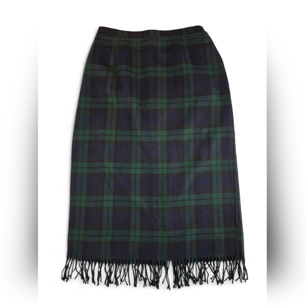 Black Watch Tartan Plaid Midi Skirt 16W Wool Blend Fringe Hem Heritage Academia